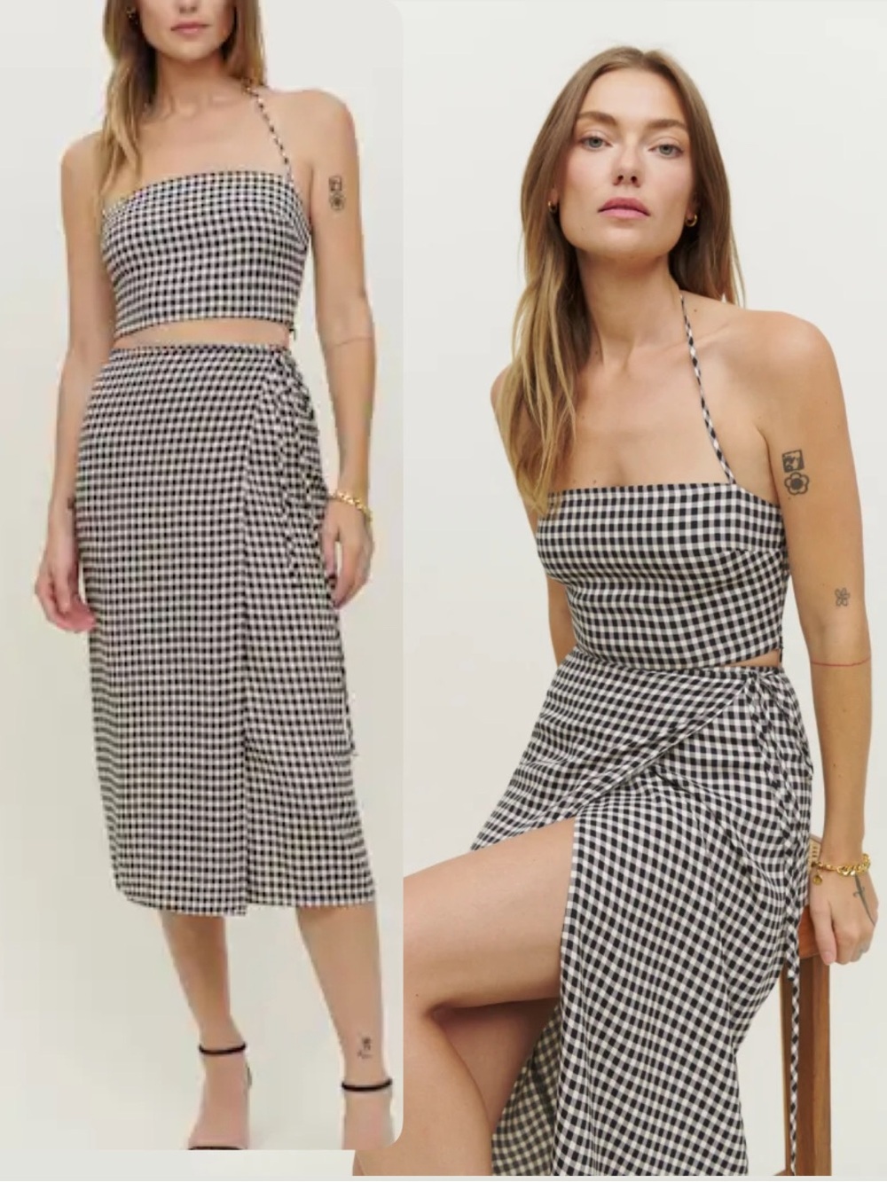 New! Reformation Black White Gingham Wrap Skirt Top set 2pc Size 6
